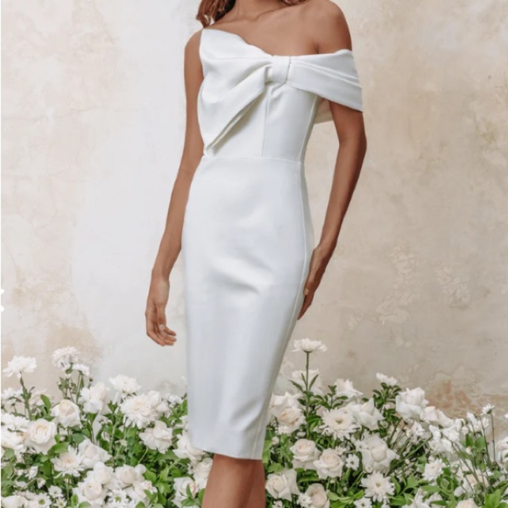 Lavish Alice amora ponte bardot bow detail midi dress in white
